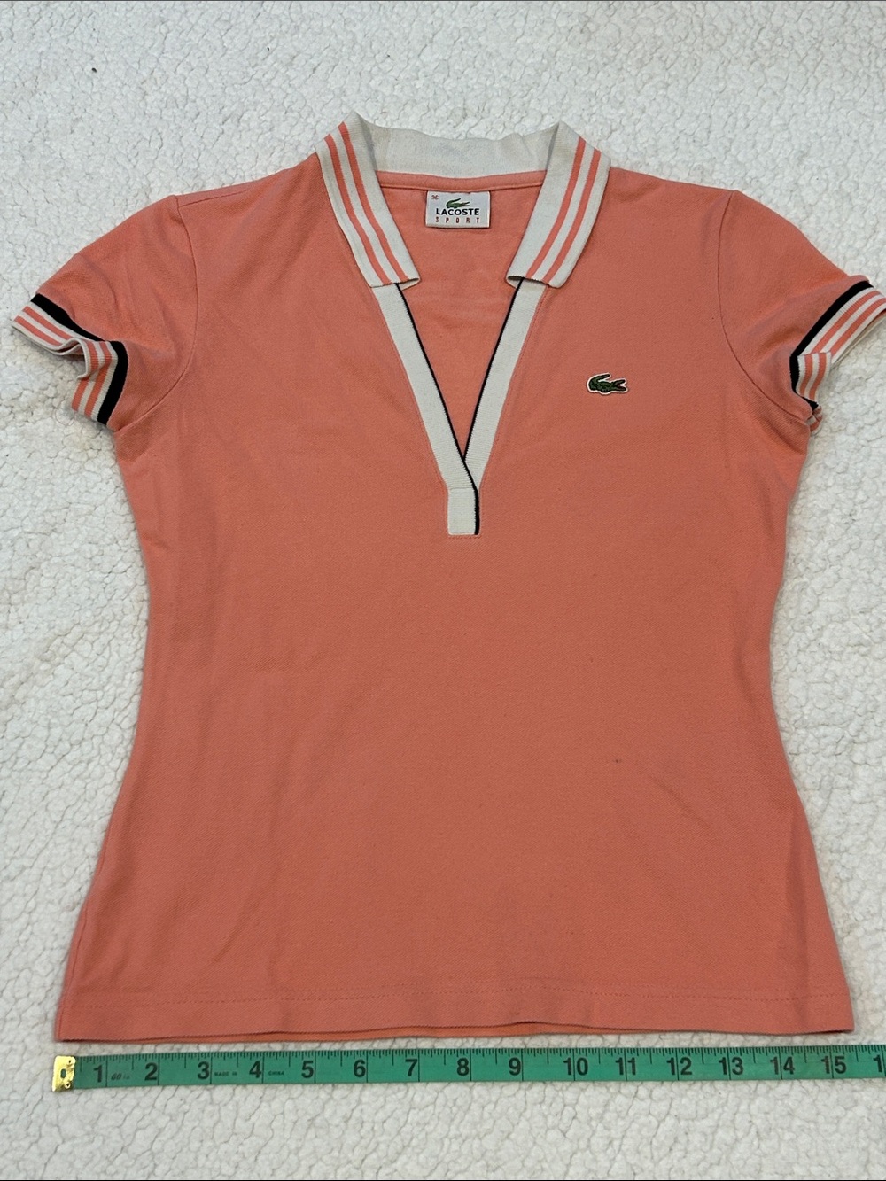 Lacoste Coral Pink Deep V-Neck fitted Polo Shirt Small Striped Collar & Sleeves - Picture 15 of 16